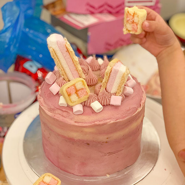 Pink Raspberry Fake Bake Cake - Decorate with Battenbergs and Wafers