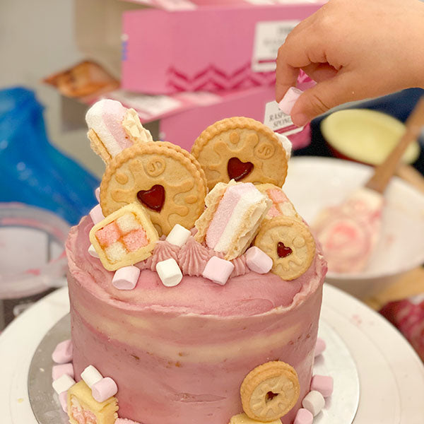 Pink Raspberry Fake Bake Cake - Decorate with Jammie Dodgers