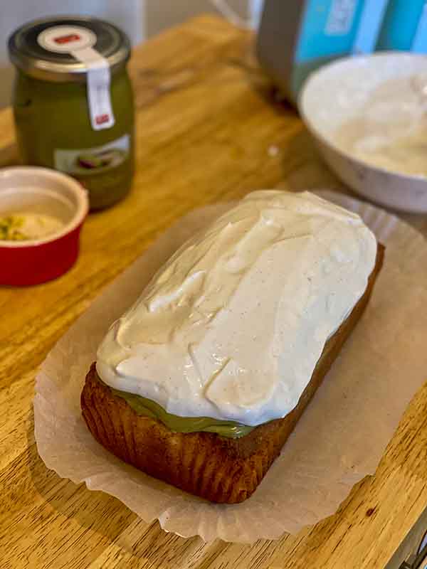 Pistachio Mango Loaf Cake - Coconut Yoghurt Frosting