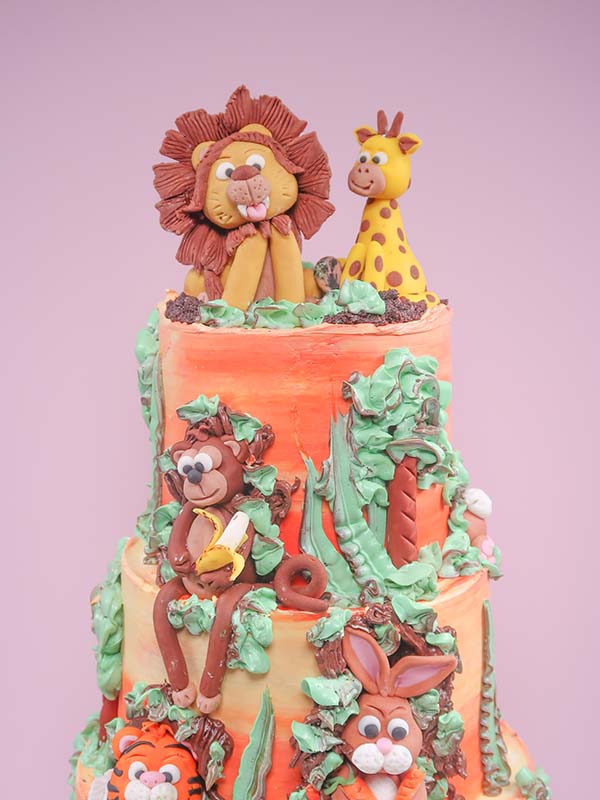 Safari Animal Birthday Cake - lion, giraffe, monkey, hare