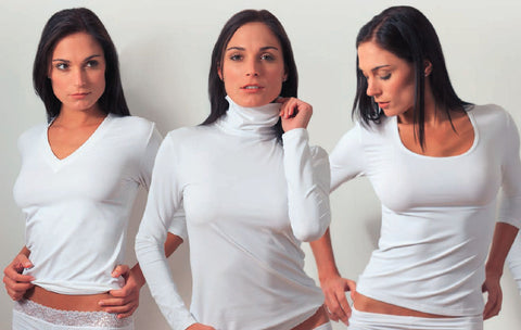 Adea model wearing a Scoop Neck, V-neck and Turtleneck