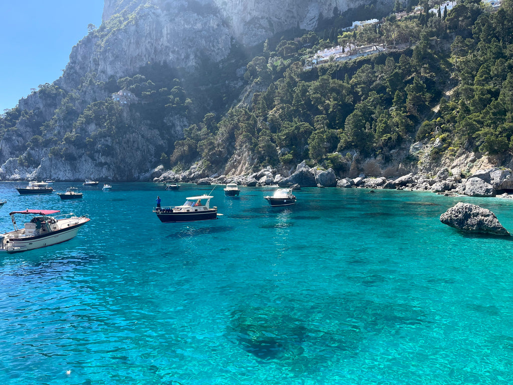 Small boats bobbing in the blue water off the coast