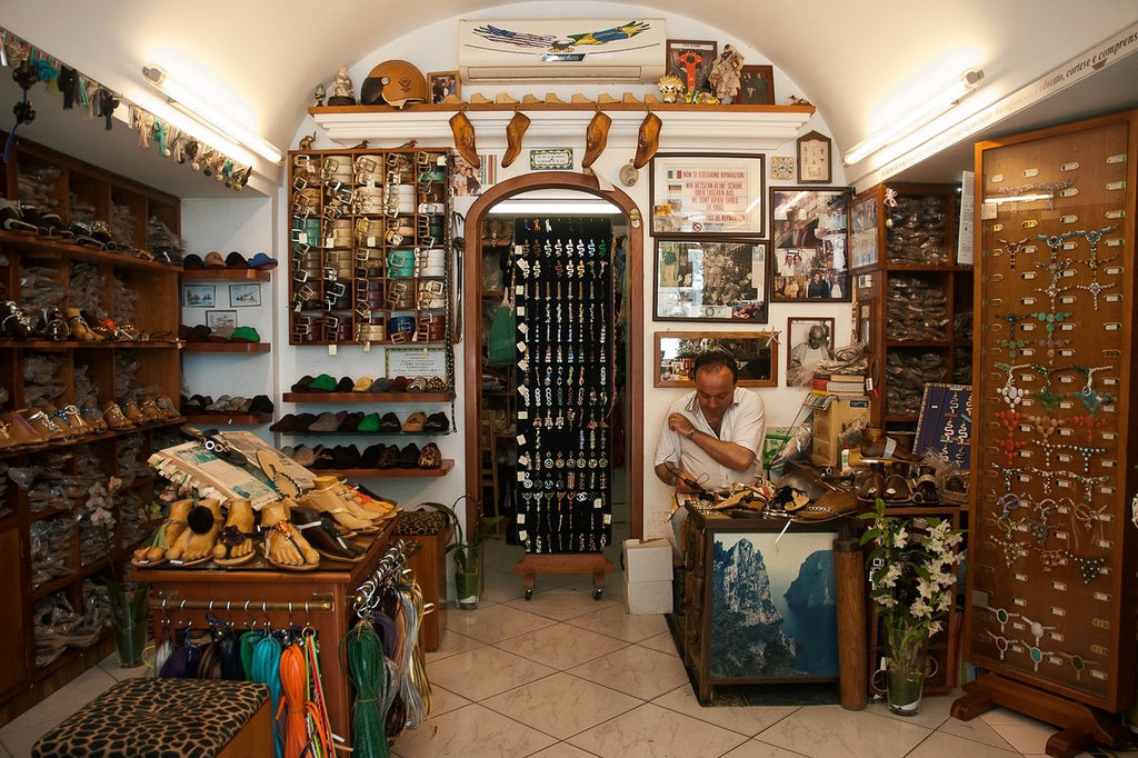 Italian shoe store filled with leather sandals of various types