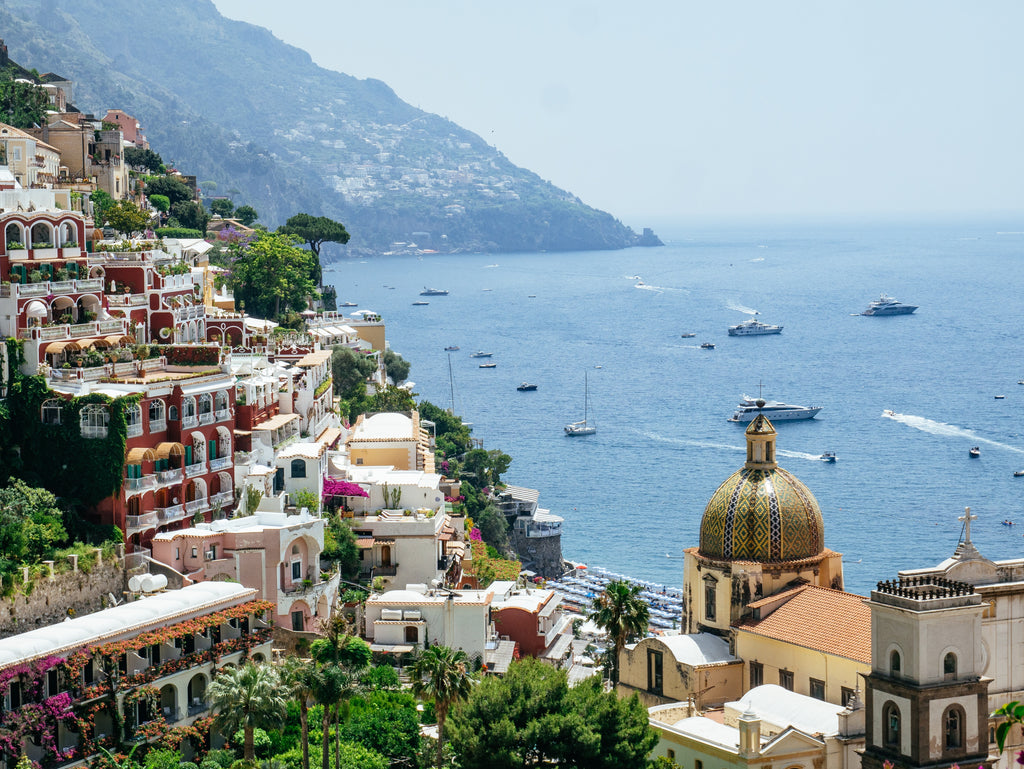 Ornate Italian villas on cliffside edge of the Amalfi Coast
