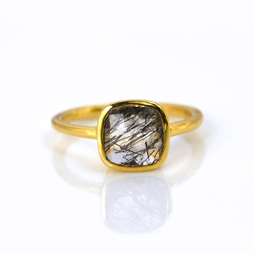 Black Rutilated Quartz Cushion Bezel Ring - Danique Jewelry