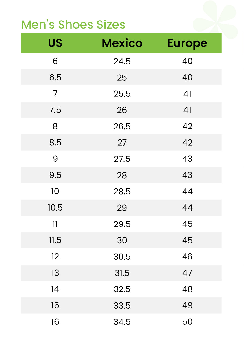 mexico shoe size chart women's