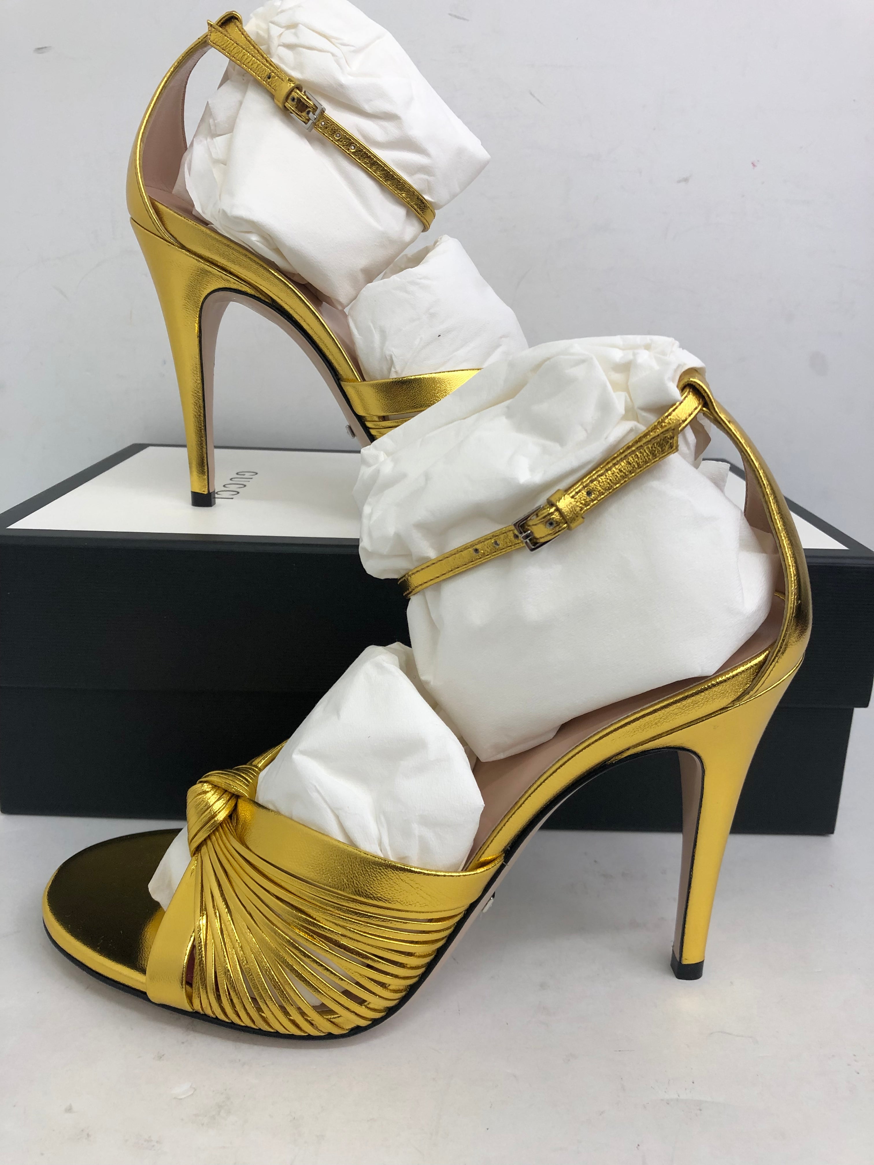 Gucci Women's Oro Vecchio Nappa Silk Gold Heeled Sandal Size 36-39 ...