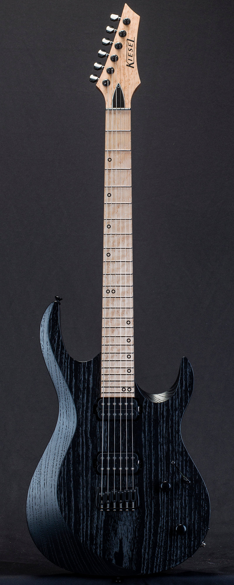 Kiesel Guitars Aries Bolt-On A6H, jet black raw tone finish, black acrylic offset staggered ring inlays, black logo, lithium pickups, birdseye maple fingerboard, birdseye maple headstock overaly, pointed straight 6 inline headstock 6IN, serial number 150410
