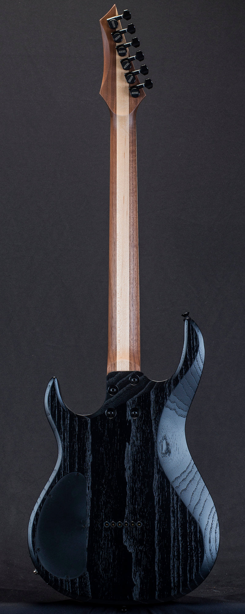 Kiesel Guitars Aries Bolt-On A6H, jet black raw tone finish, swamp ash body, 3 piece walnut neck with 1 maple stripe, pointed straight 6 inline headstock 6IN, serial number 150410