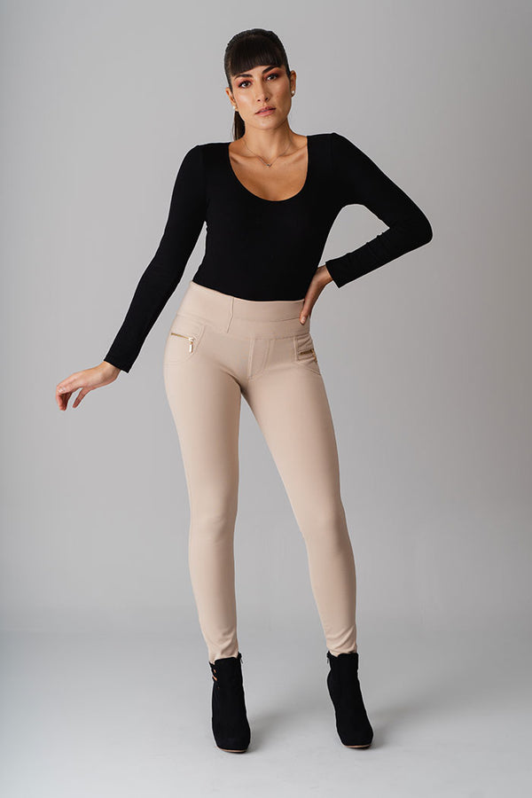 Savannah pull on pant with gold zippers - Beige