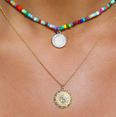 rainbow bead choker gold coin necklace