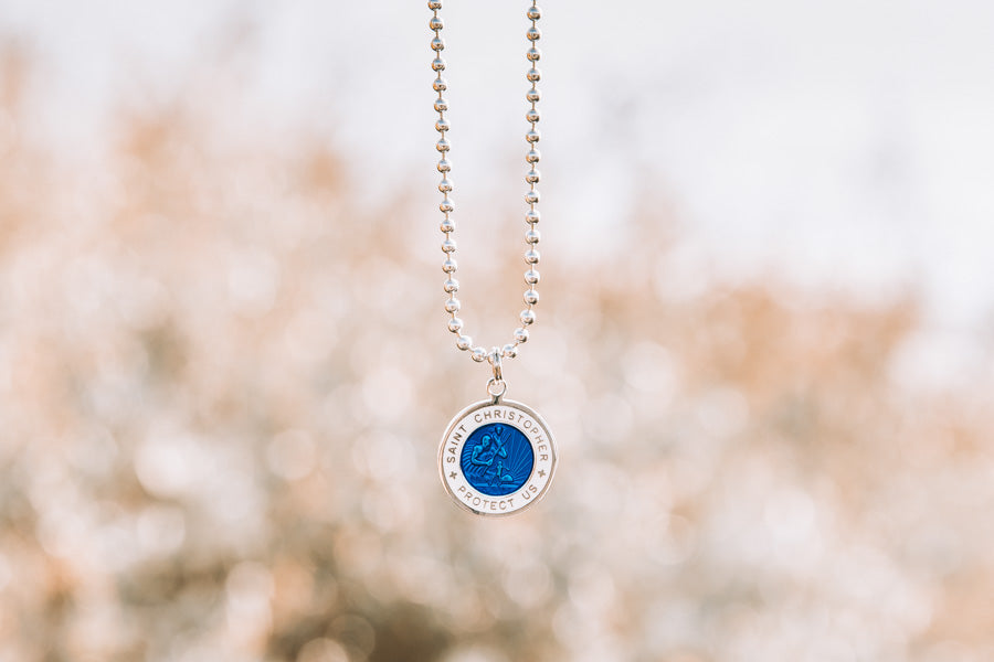 blue and white st christopher necklace