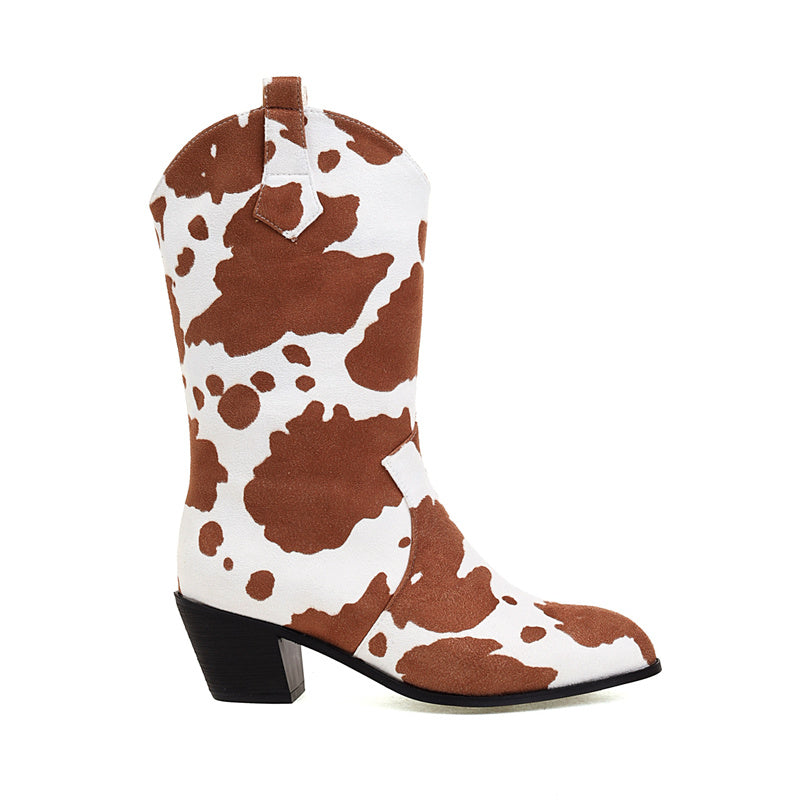 Brown Mid Calf Cowgirl Boots | Cowprint Boots- Balajoy