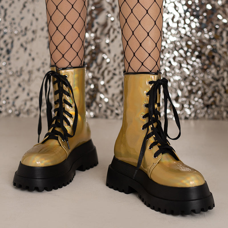 Entyinea Womens Lace Up Boots Classic Ultra Mini Platform Fashion Boot,Gold  38