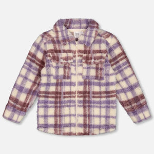 Zip Front Sherpa Overshirt Plaid Purple And White - Nature Baby Outfitter
