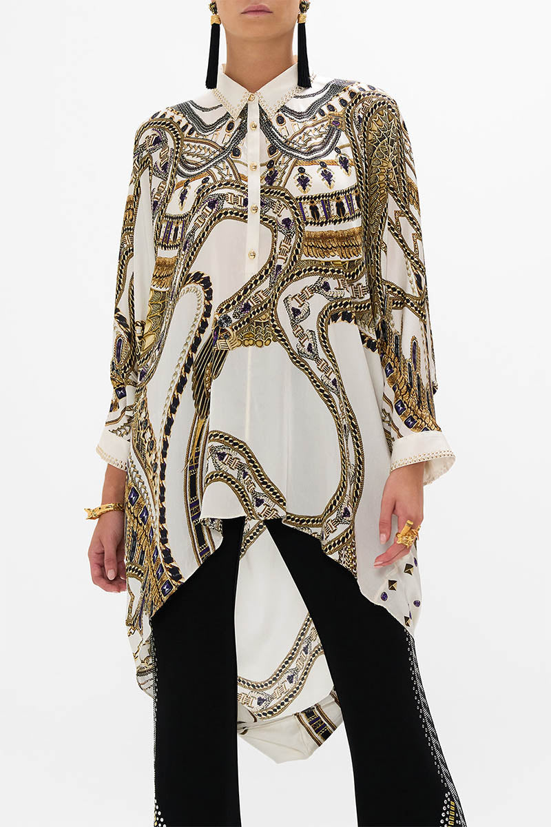 BUTTON UP TOP W/ DRAPED BACK