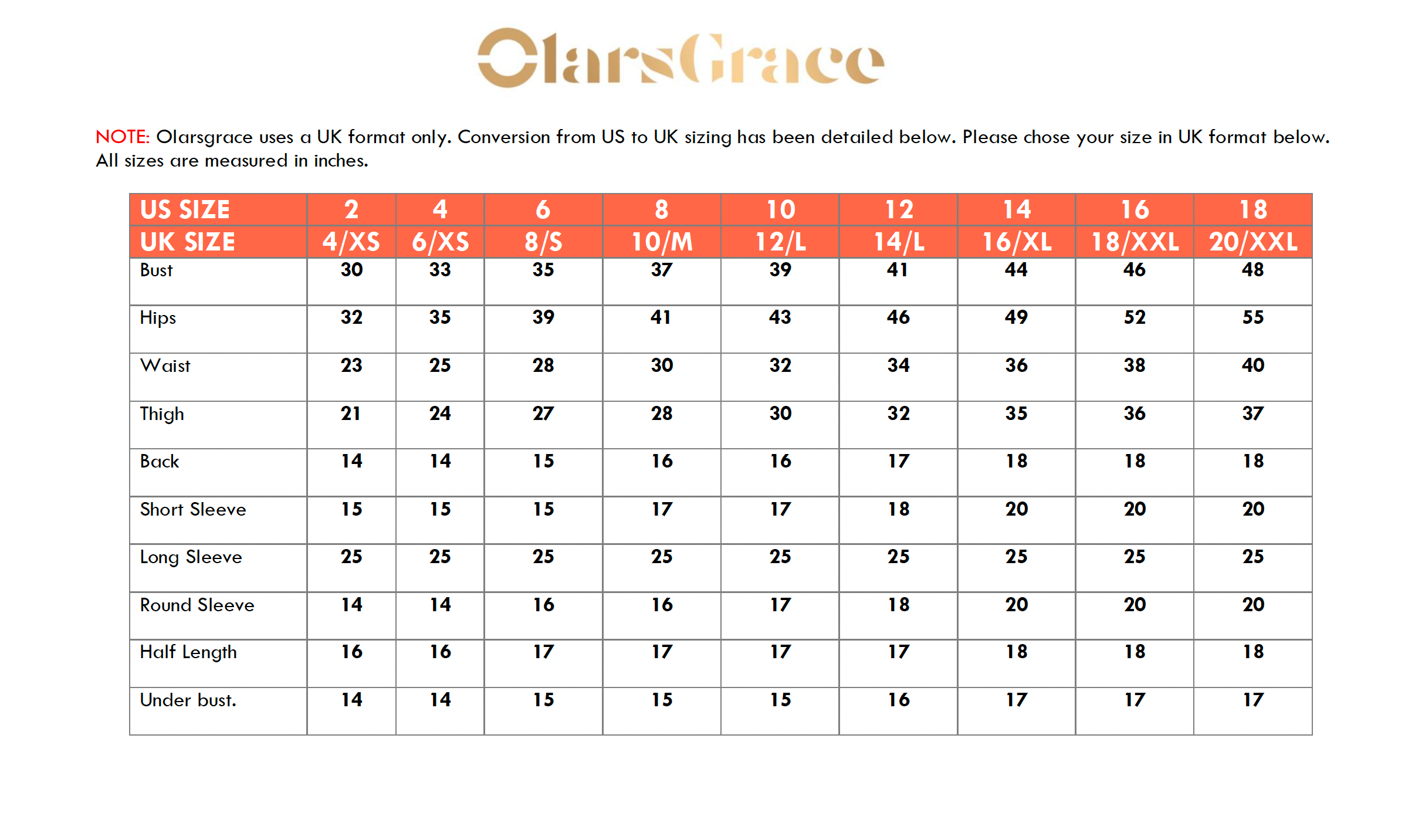 Olarsgrace Product Size Guide