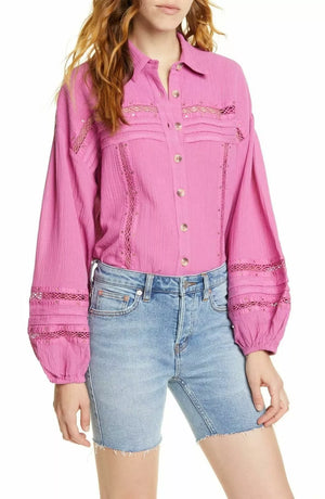 Free People Women's Summer Stars Crochet Trim Boho Button-Down Top -Med -New - The Xchange