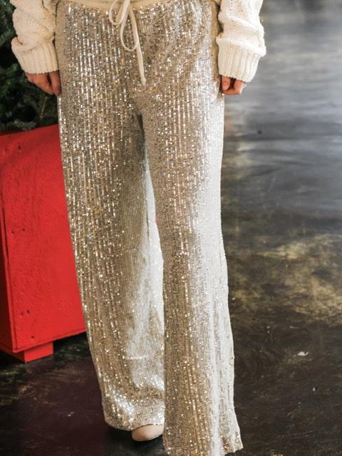 Champagne Gold Sequin Joggers-Style Trousers | SilkFred UAE