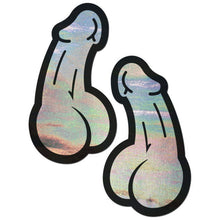 Load image into Gallery viewer, Penis: Holographic Silver Dick Nipple Pasties by Pastease. Two silver shiny holographic glitter effect penis shaped nipple covers with a black outline on a white background. Perfect for a festival, pride, burlesque performance, only fans content or a party.
