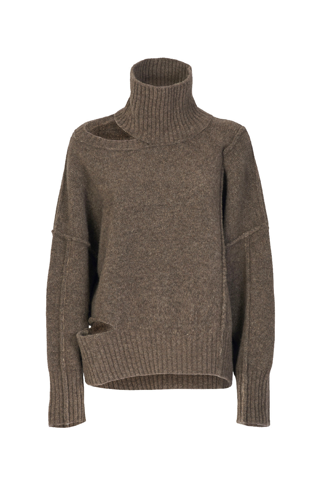 Isabel Benenato Highneck Yak Jumper with Cut-Out Details   Taupe/White