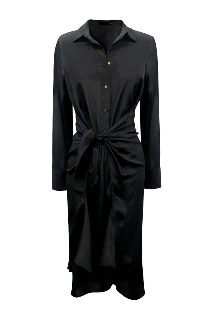 7/8 Handkerchief Button Up Tied Dress - Black - KESNYC.COM