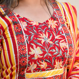 Harvest Hues And Red Kalamkari Handblock Cotton Suit Set