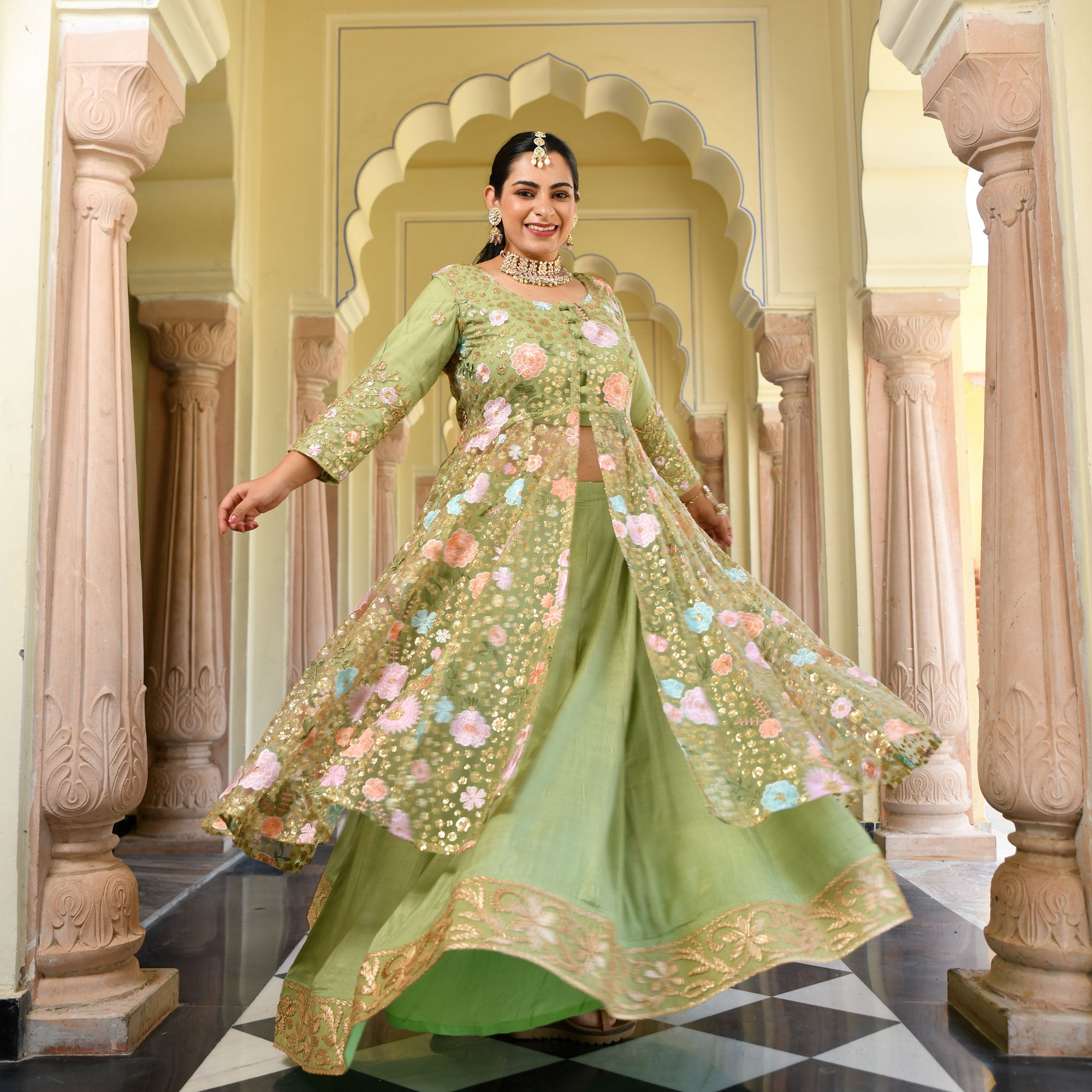 Beautiful Pista Green Chiffon Long One Piece Dress - Aradhana Fashions