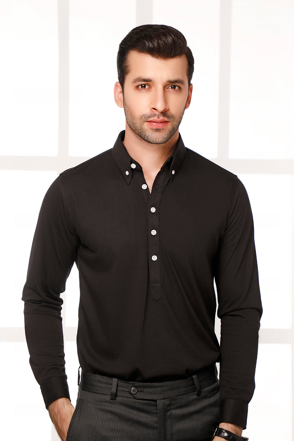 Black High Collar Mid Placket Shirt | ZED