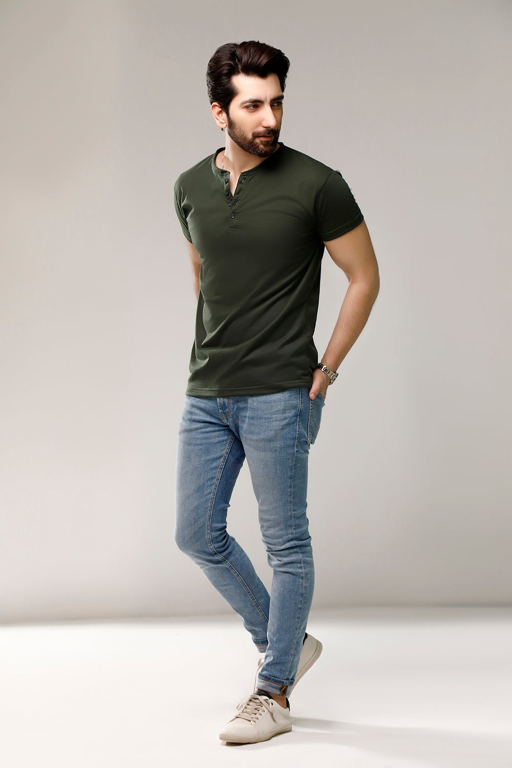 Dark Green Half Sleeves Henley | ZED