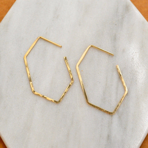 HEXAGON BRASS HOOP DROP EARRINGS