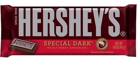 Hershey's Special Dark Chocolate bar wrapped in a brown and red candy wrapper.