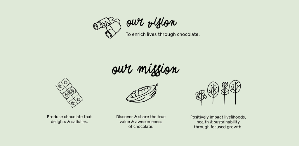 Our Vision: To enrich lives through chocolate. Our Mission: Produce chocolate that delights and satisfies. Discover and share the true value and awesomeness of chocolate. Positively impact livelihoods, health and sustainability through focused growth.