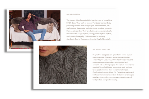 Screenshots of wearwell's brand partners impact information for sustainable and ethical clothing and accessories