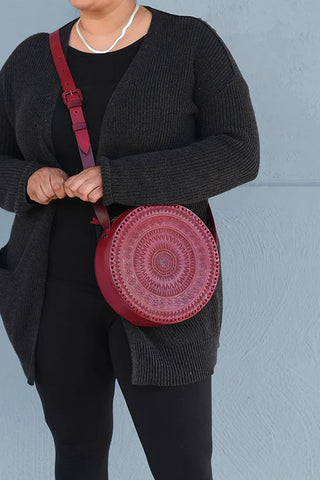 Embossed Circle Crossbody, Red | Sustainable, Ethical Leather Bags, Purses and Accessories | Wearwell