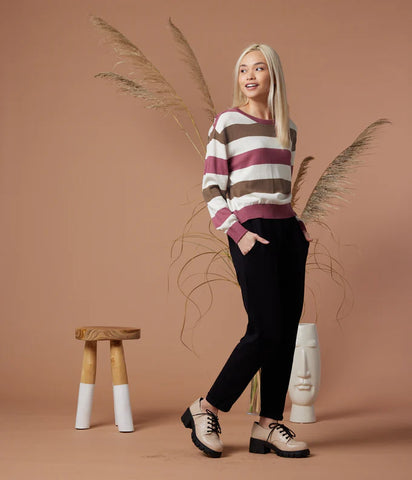Palmer Sweater, Multi Stripe Mauve White Tan | Wearwell sustainable, eco-friendly fashion and accessories