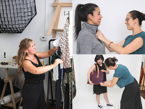 Three images of Wearwell Co-founders Erin Houston and Emily Kenney preparing models for a photoshoot of ethical and sustainable clothing and accessories