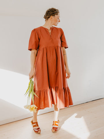 Adelaide Tiered Mini Dress, Cinnamon Burnt Orange | Wearwell Sustainable, Ethical Clothing and Accessories