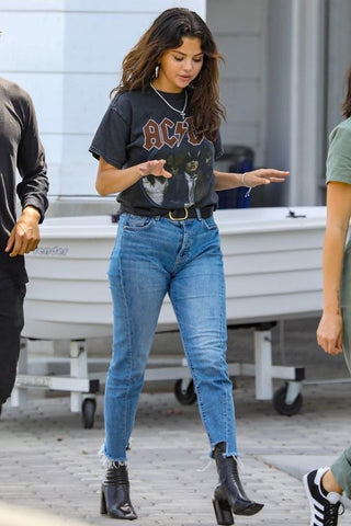 Selena Gomez in graphic t-shirt and jeans | Wearwell sustainable, eco-friendly fashion and accessories
