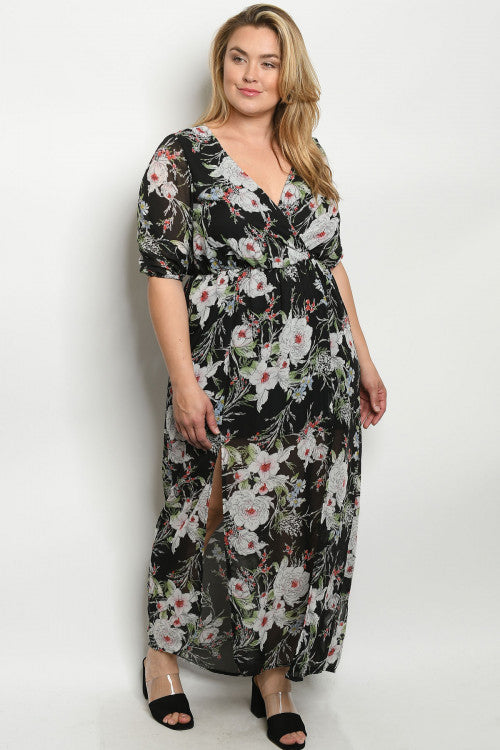 Black Floral Chiffon Plus Size Maxi Dress – Diva's Plus Size Fashion ...