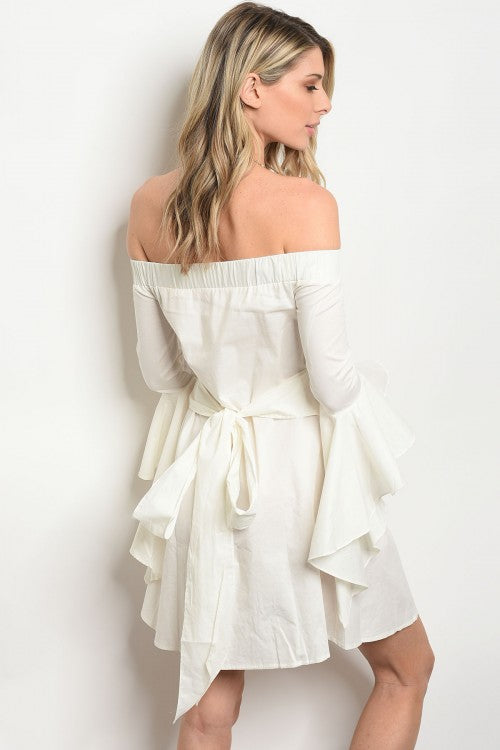 white off the shoulder bell sleeve dress
