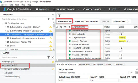 GOOGLE ADS EDITOR AD GROUPS EXAMPLE