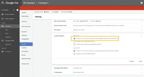 GOOGLE ADS SETUP LOCATION OPTIONS