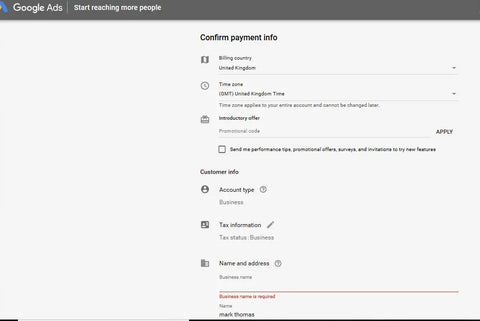GOOGLE ADS SETUP BILLING DETAILS