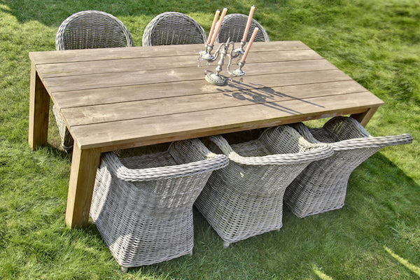 Tafel in recyclage teak 6 rieten stoelen –