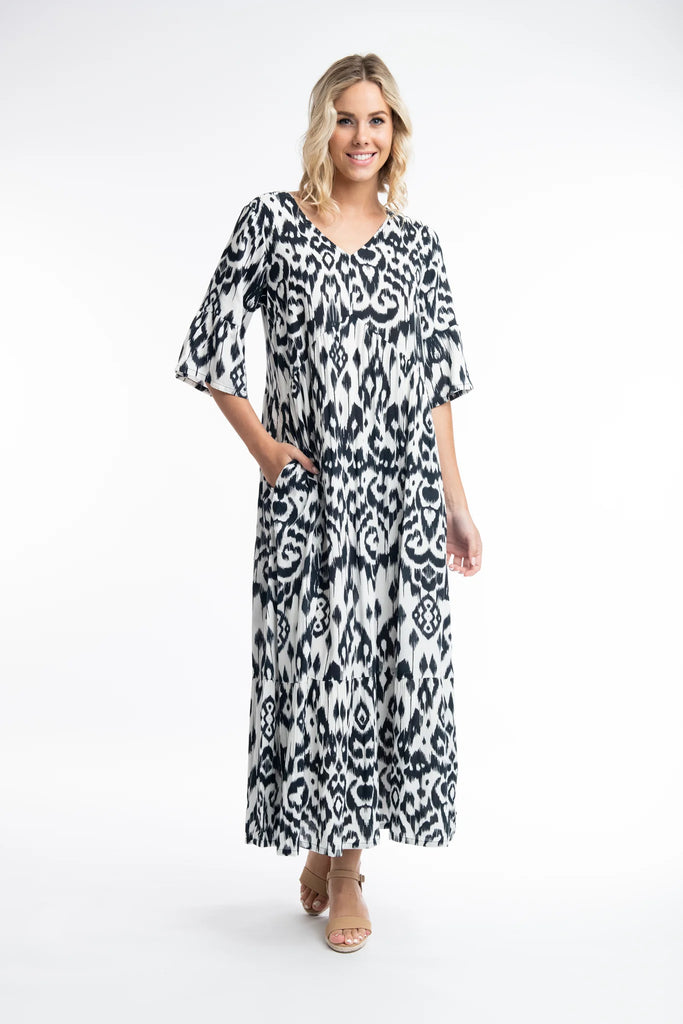 Orientique Izmir Green Printed Elbow Bell Sleeve Viscose Woven Maxi Dress