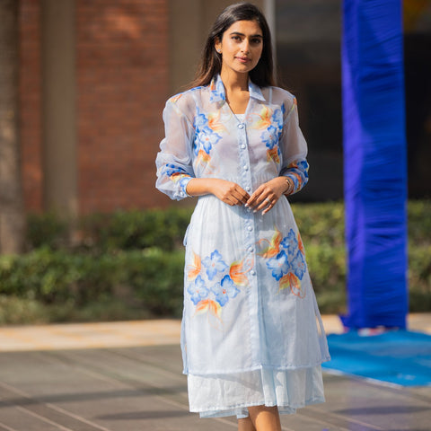 Unique Design Blue Organza Hand-Painted Shirt Dress Online For Women - Ambraee