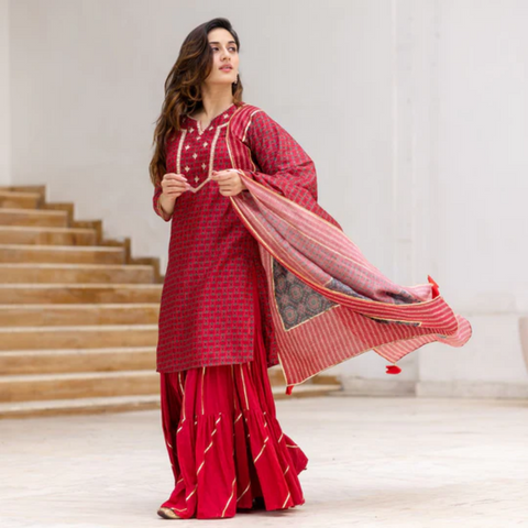 Indian Wear Floral Printed Kurti Sharara With Dupatta Set Dress For Women  Set | eBay