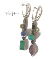 asymmetrical earrings with purple and green chalcedony