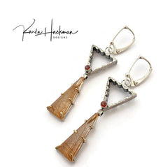 triangle earrings with rutilated quartz and garnets